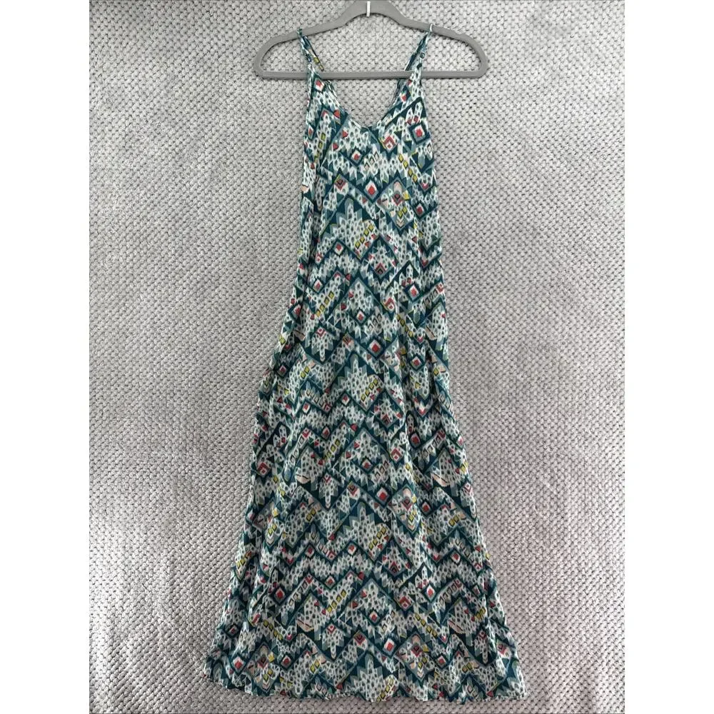 Old Navi V-Neck Maxi Multi Print Dress Womens S Green Abstract Beach Casual